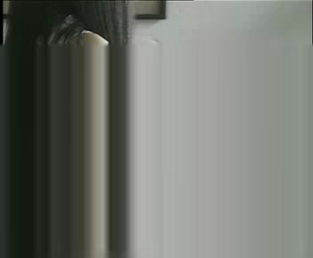glitched screen shot from a faye wong video CD file, showing faye herself turned to the side, her face not visible and only the back of her head; this part of the image is barely visible, the rest highly glitched into pale vertical bars across the rest of the image