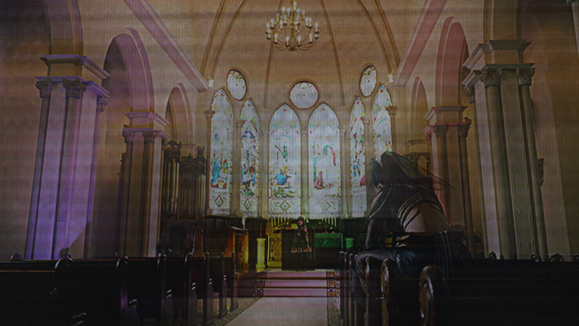 the hades/abyss sisters in kamen rider gotchard at their base, a church, sitting in various areas around the pews. the image is distorted with overlay textures of television scan lines, distortions, and a motion blur